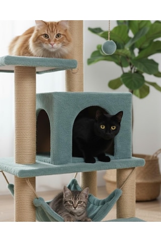 Pet B-07 Hamaklı Yuvalı Lüx Kedi Tırmalama Oyun Evi Turkuaz