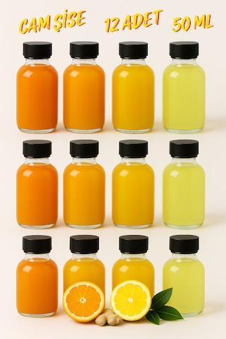 Rotanev 12 Adet Siyah Plastik Sızdırmaz Kapaklı Cam 50 ml Mini Shot Ginger Detox Şişe Kolonya Koku Süs Şişe