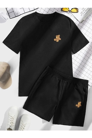 Ayıcık T-shirt Şort - Siyah Alt Üst Kombin Şort Tişört Takım Baskılı Oversize Bisiklet Yaka Siyah