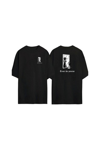 Thewert Unisex Trust The Process Ön Arka Baskılı Sıyah Oversize T-shirt Siyah