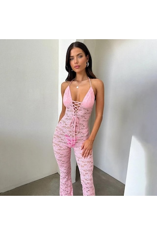 Lace Jumpsuit With Skinny Flared Legs Pink Pembe