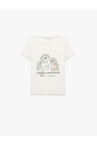 Koton Pamuklu Kısa Kollu Bisiklet Yaka Unicorn Baskılı Tişört Ekru 6smg10185ak