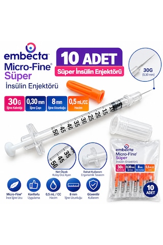 Embecta Micro-fine Süper İnsülin Enjektörü 30g 0,30 Mm X 8 Mm 0,5 Ml 10 Adet