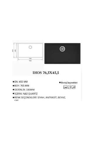 Granit Evye Dıos Series Siyah Renk En :455 Mm Boy :765 Mm Derinlik 195 Mm