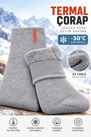 Calzetta 3 Çift Termal Kışlık Çorap İçi Yünlü Soğuğa Karşı Dayanıklı Açık Gri