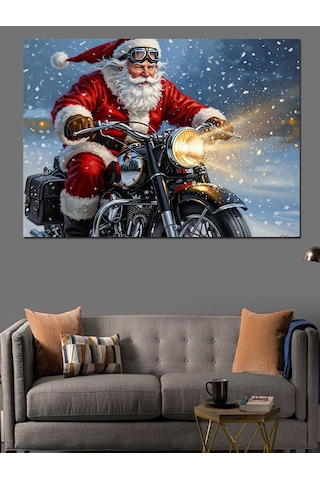 Motosiklet Süren Noel Baba Figürü Dekoratif Kanvas - Mdf Ahşap Tablo