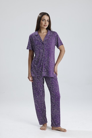 Kompedan Kadın Puantiye Desen Önden Düğmeli Pijama Takım Mor P. Mor