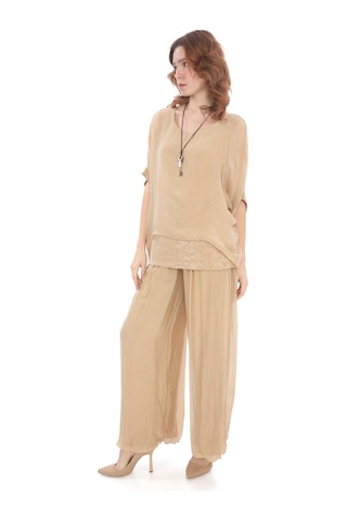 İtalyan Yarasa Kol Pul Payetli İpek Bluz Pantolon Takım Camel