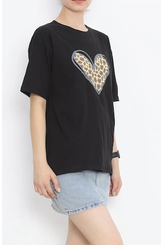 Novalisse 14 Şubat Sevgililer Günü Leopar Kalp Baskılı Oversize Bisiklet Yaka T-shirt - Siyah Çoklu Renk