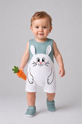 Babyden's Erkek Bebek Tavşan Desenli Yazlık Tulum Fitilli Pamuklu Kolsuz Bebek Tulumu Çıtçıtlı Romper 0-9 Ay Haki