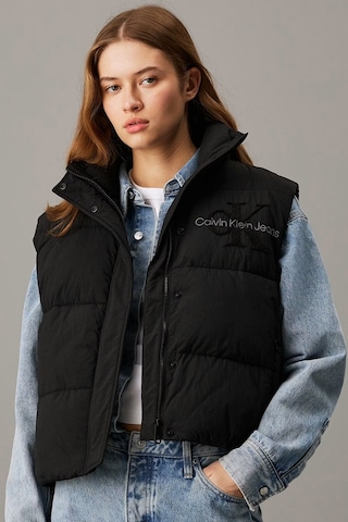 Calvin Klein Sport Full Zip Chenille Logo Puffer Vest Kadın Şişme Yelek Siyah Siyah