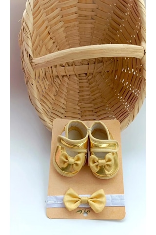 Kız Bebek Dore Altın Rengi Parlak Fiyonklu Patik Ve Bandana Set Altın