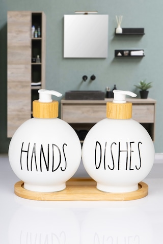 2'li Bambu Altlıklı Bambu Pompalı Tombul Cam Sabunluk Deterjanlık 350 Ml Beyaz
