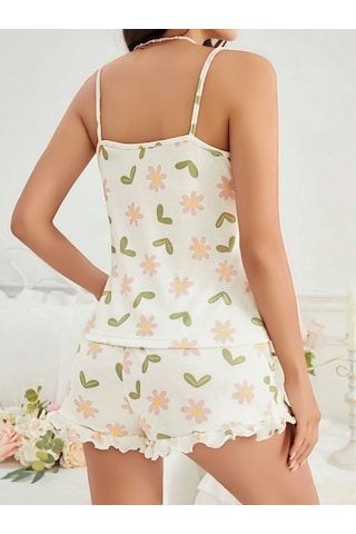 Kadın Ekru Çiçek Baskılı Şortlu Gecelik Pijama Takımı 5047 Ekru