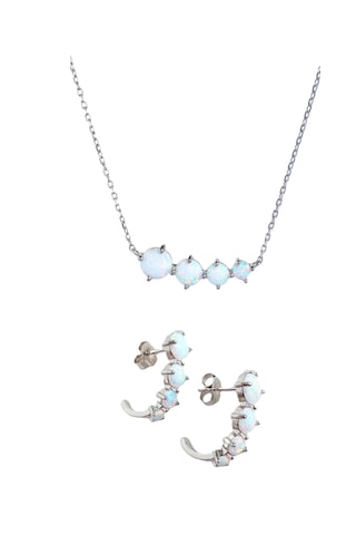 Luna Luster 925 Ayar Gümüş Beyaz Opal Doğal Taşlı Kolye Küpe Kadın Set Sevgililer Günü Hediye Beyaz