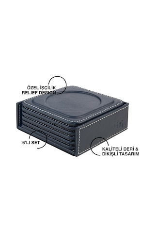 Bardak Altlığı,6 Lı Set,masaüstü Yuvarlak Cup Coaster,vegan Suni Deri,11x11 Cm.,lacivert Lacivert