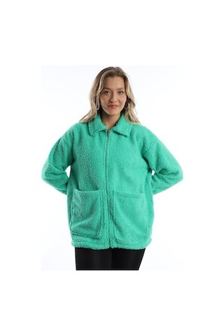 Kadın Fermuarlı Stoper Detaylı Kıvırcık Peluş Ceket Yeşil