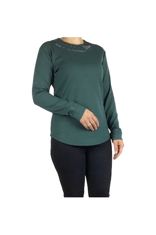 Kadın Yakası Ve Kolları Taşlı Spor Bluz Mint Yeşili