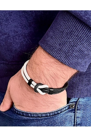 Çift Renkli El Yapımı Taraftar Bilekliği Makrome-%100 Deri Kombin Unisex Bileklik Net 21 Cm Siyah - Beyaz