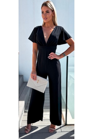 Munn Collection Kadın Kısa Kollu Kruvaze Yaka Sırt Dekolteli Pegasus Kumaş Tulum Siyah