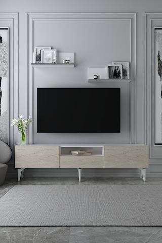 180dhdtrüç1btg Sadem Raflı Tv Sehpası Ünitesi Beyaz-traverten-gümüş