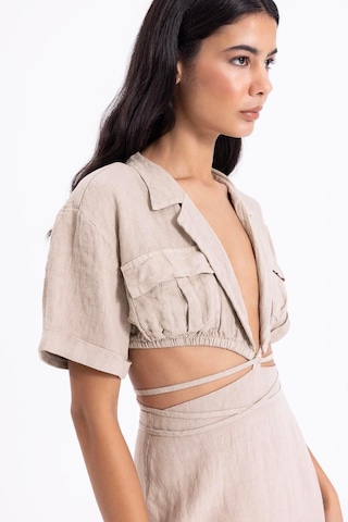 Fashion Cocktail Ham Keten Arka Yırtmaçlı Kalem Etek Derin V Yaka Kısa Kol Krop Bohem Yazlık Takım Krem