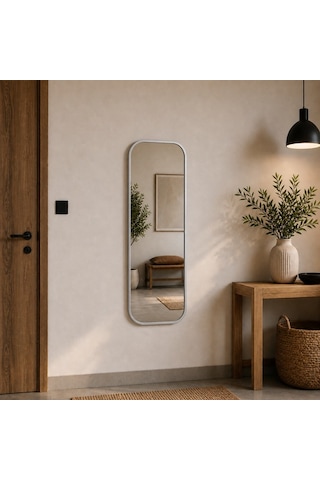 Modern Yuvarlatılmış Köşeli Boy Aynası 40x120 Cm Minimalist İnce Çerçeveli Dekoratif Duvar Aynası Gümüş