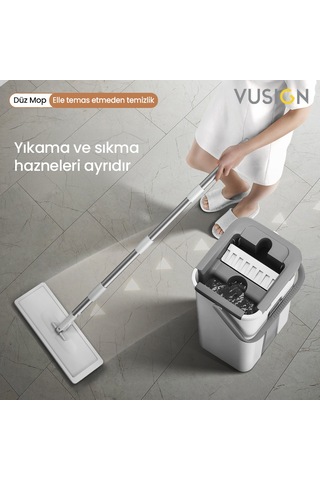 Vusıgn Düz Mop Paspas Seti Kovası Ve Mikrofiber Moplu Temizlik Seti 123 Cm
