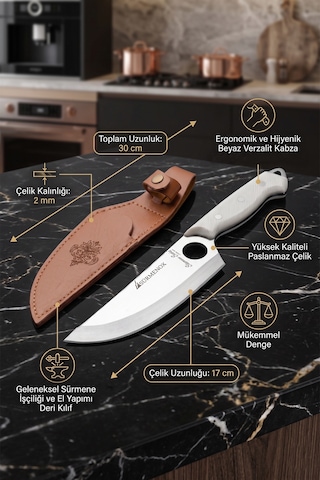 Sürmene Serisi 3 Lü Mutfak Şef Bıçağı Seti Beyaz Verzalit Sap Et Sebze Kamp Outdoor Bıçak Deri Kılıflı Mft-038