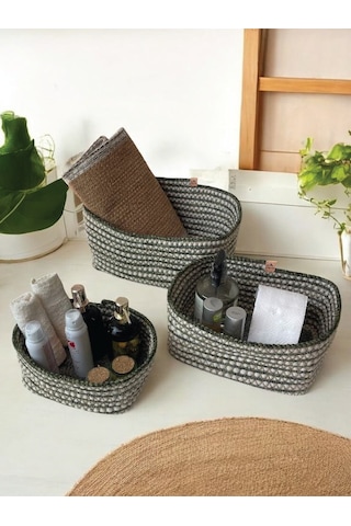 3'lü Hasır Görünümlü Düzenleyici Sepet - Leke Tutmaz - Yeşil Yeşil