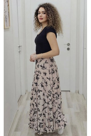 Bel Lastikli Flok Baskılı Kloş Şifon Etek 6003-siyah/pudra Siyah/pudra Siyah - Pudra