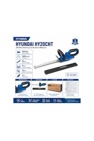 Hyundai Hy20cht 20v Max Akülü Çit Budama Makinesi 55 Cm Bıçak 20 Mm Kesim Akü Ve Şarj Cihazı Hariç