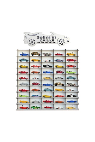 Ahşap Hobi Araba Rafı Beyaz 50 Araçlık Kişiye Özel Isimli