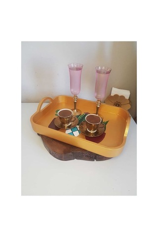 El Boyaması Kaktüs Desenli Altın Tepsi Altın