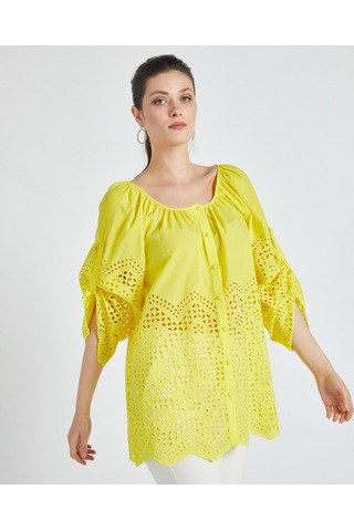 Kadın Pamuk Gömlek Ajurlu Detaylı, Rahat Kalıp Yazlık Tasarım Sarı