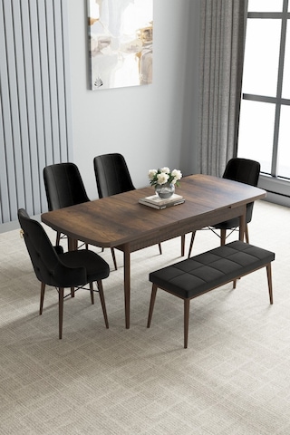 Loft Barok Desen 80x132 Açılabilir Mdf Masa Yemek Odası Takımı, Mutfak Takımı 4 Sandalye, 1 Bench Siyah