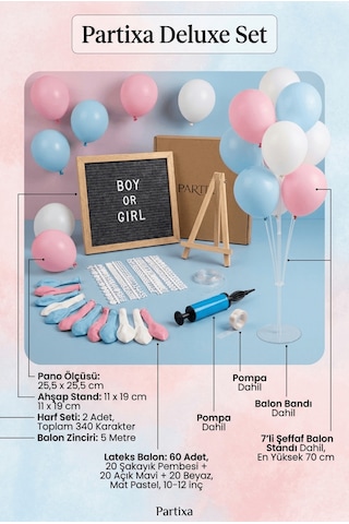 Gender Reveal Cinsiyet Partisi Süsleme Deluxe Set Kız Mı Erkek Mi Koyu Gri Keçe Yazı Panosu Standlı Pompa Balon Zincirli 7 Li Şeffaf Balon Standlı Tüm Yaşlar