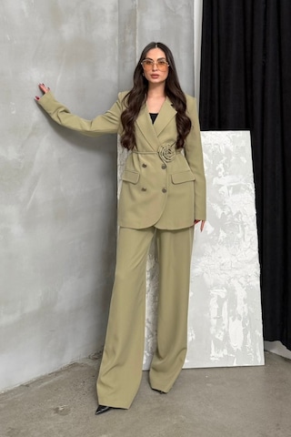 Msm Fashion Kadın İkili Blazer Ceket Pantolon Takım Aksesuar Ve Düğme Detaylı Bol Paça Açık Haki