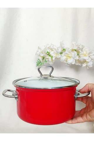 Kırmızı Emaye Tencere 3 Litre 22 Cm Çap Krom Detaylı Süt Yoğurt Çorba Tenceresi Kırmızı