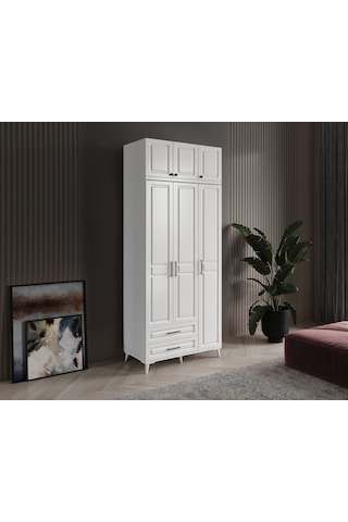 GuneyStore Gözde 3 Kapaklı Yüklüklü Komple MDF Beyaz Gardırop