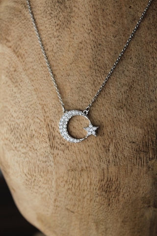 Çelik Zirkon Taşlı Ay Yıldız Kolye Gümüş