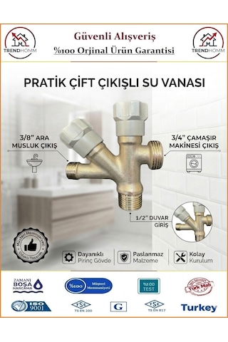 Trendhomm Çift Çıkışlı Ara Musluk - Bulaşık Makinası Ve Mutfak Batarya Çıkışı - %100 Prinç Gri - Gümüş