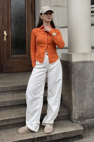 Seeh Turuncu Uzun Kollu Vücuda Oturan Gömlek Sh356 Basic
