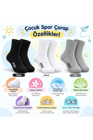 Bezos Çocuk Spor Çorap 3'lü Set Siyah Beyaz Gri İnce Dikişli Kokulu Yıkama Yumuşak Esnek Günlük Çorap Seti Dlra Çok Renkli