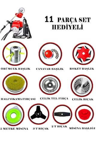 Eisenn Germany SRT-11 Krieger Sırt Tipi Benzinli Ot Çalı Çim Biçme Tırpanı + 11 Parça Full Set Halı Yıkamalı