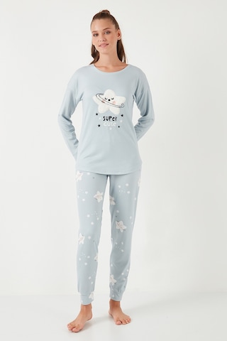 Lela Streç Standart Fit Bisiklet Yaka Desenli Bayan Pijama Takımı 6095700 Açık Gri