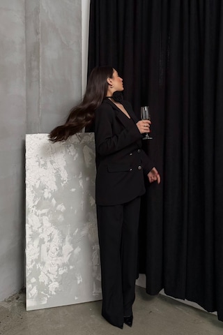 Msm Fashion Kadın İkili Blazer Ceket Pantolon Takım Aksesuar Ve Düğme Detaylı Bol Paça Siyah