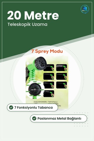 Teleskopik Uzayan Bahçe Hortumu 20 Metre 7 Fonksiyonlu Tetikli Ta