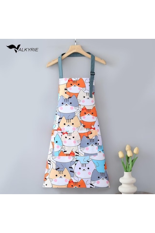 Valkyrie Kedi Desenli Cepli Mutfak Önlüğü Ayarlanabilir Askılı Kadın Mutfak Temizlik Servis Önlüğü Mavi