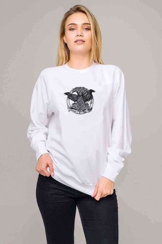 Viking Mitolojisi Odin Raven Baskılı Beyaz Kadın Sweatshirt